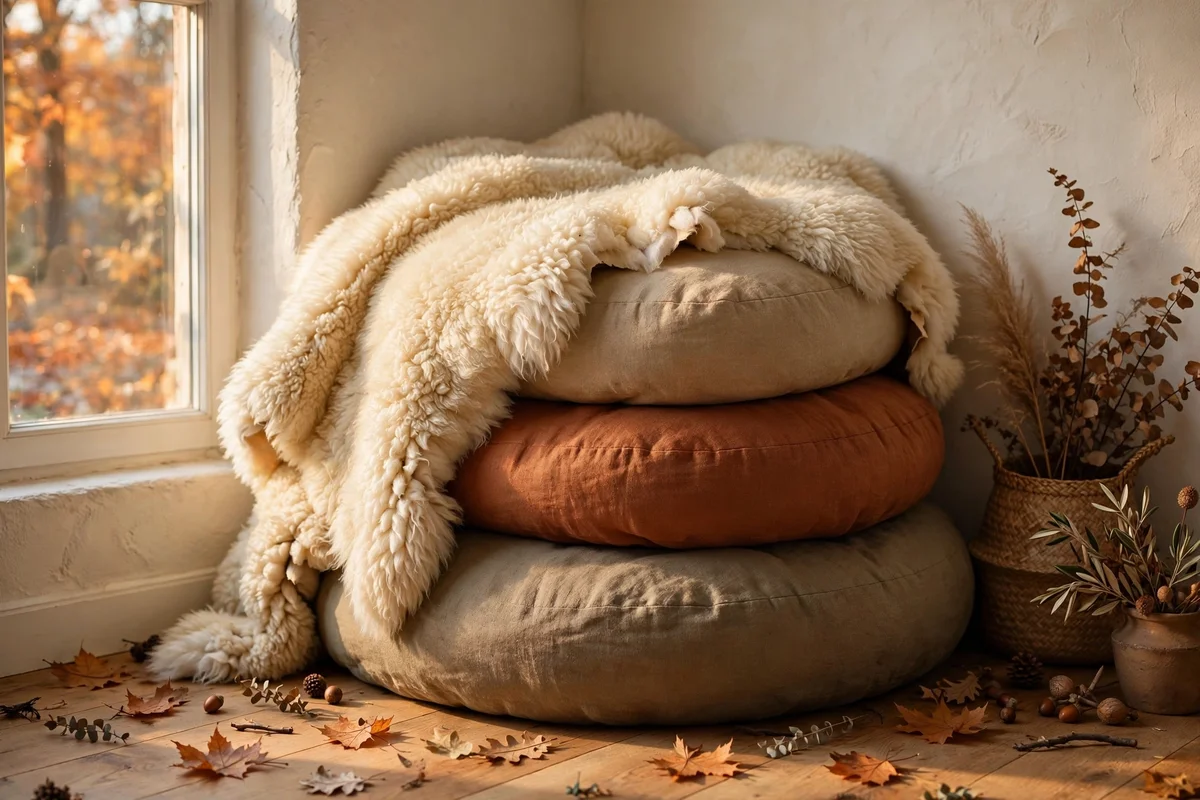 Ivory sheepskin draped over a stack of floor cushions