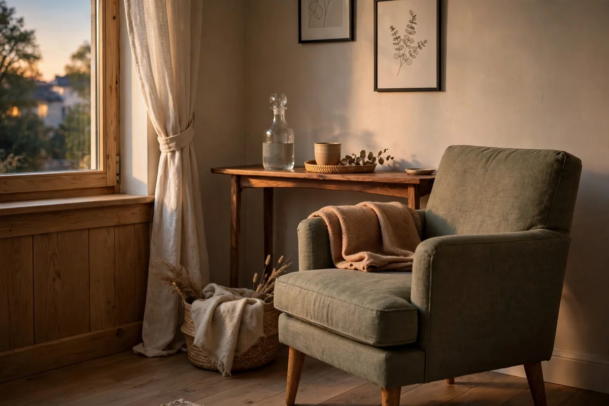 Narrow console behind a bedroom chair with a carafe and cup