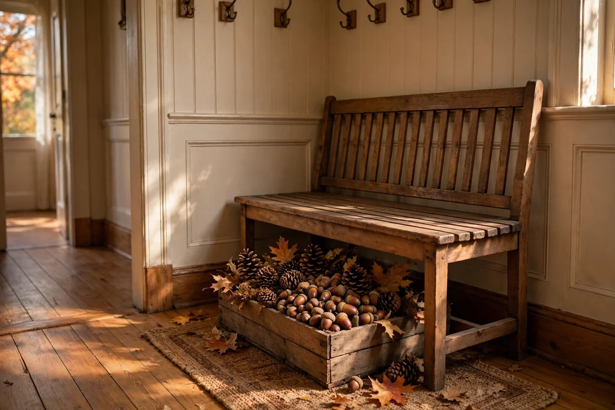 Wooden crate of pinecones and acorns under a hall bench