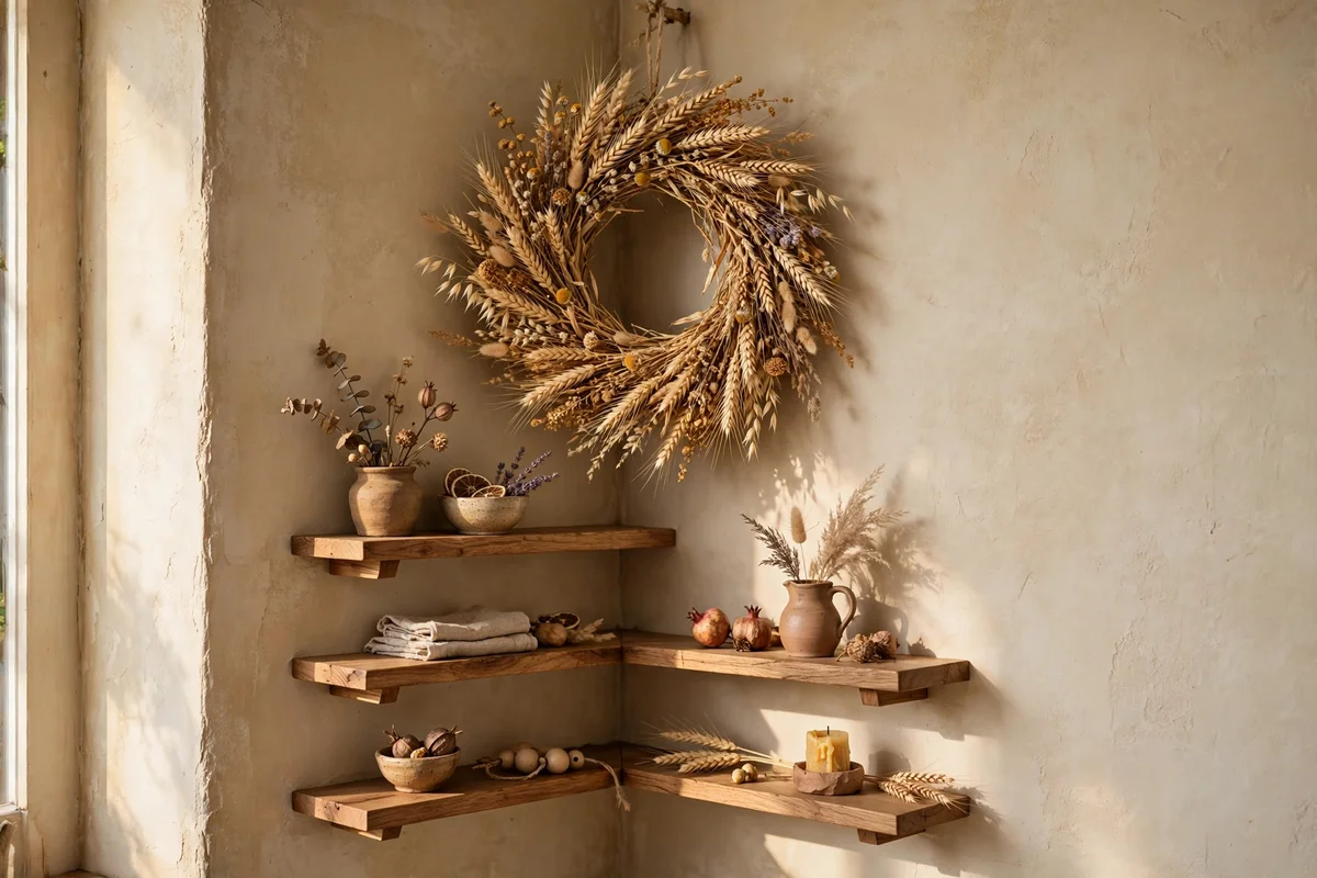 Dried wheat wreath hanging on a corner wall