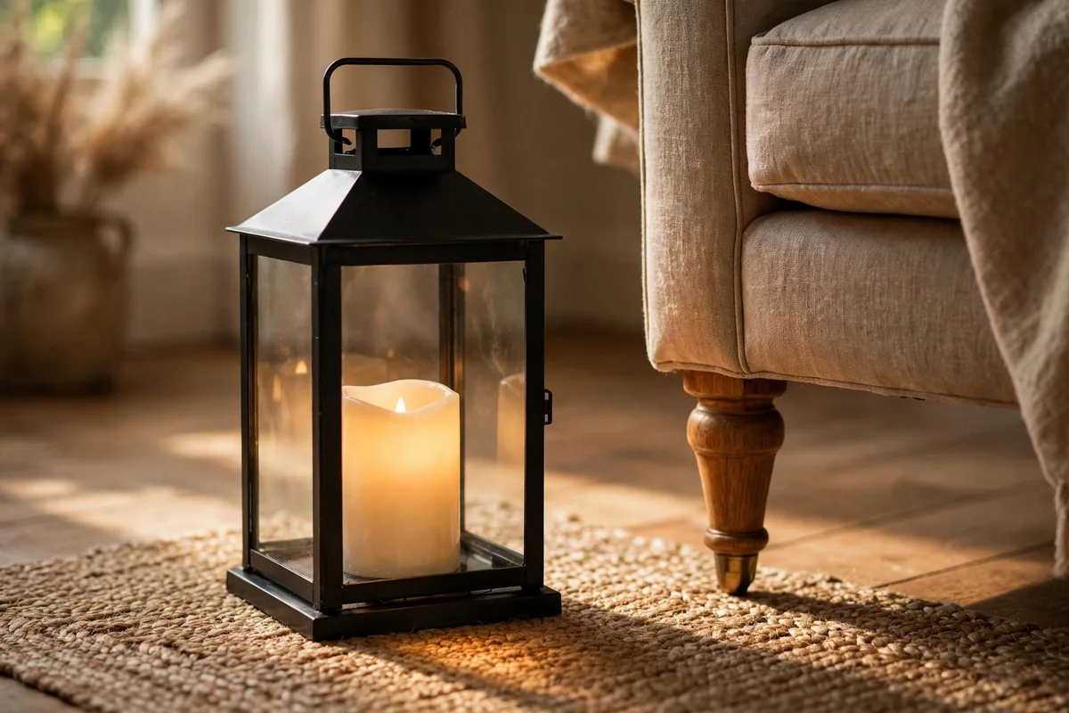 Glass lantern with a flameless candle on the floor by a chair