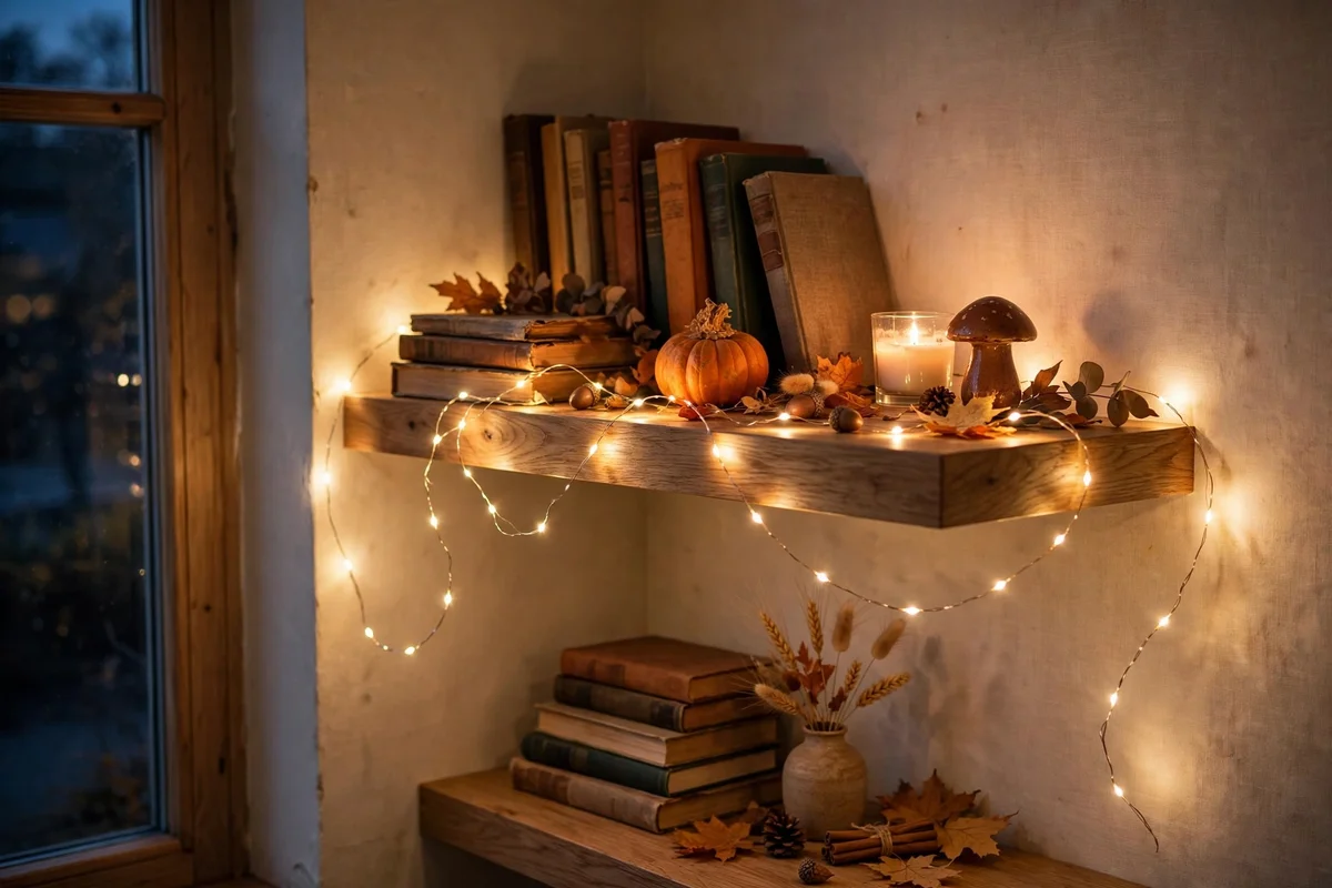 Fairy lights draped along a floating corner shelf