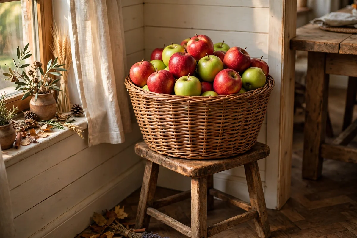 Woven hamper of apples on a stool in a dining room corner