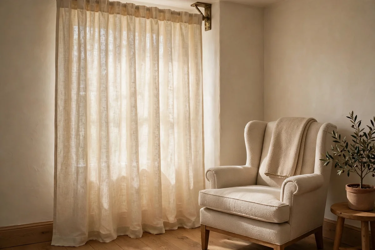 Single linen curtain panel hanging from a corner bracket