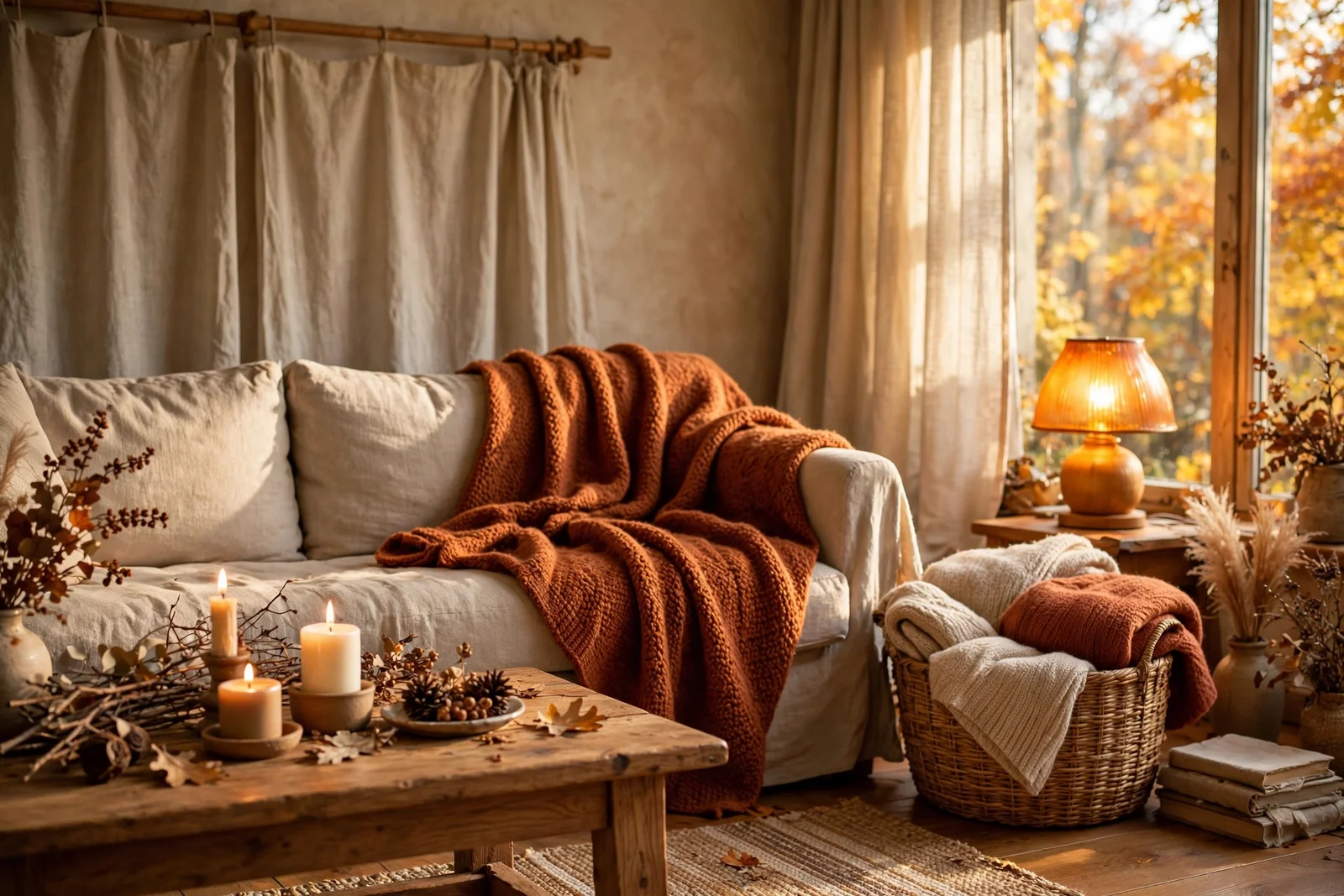 Cosy autumn living room with layered throws, warm lamplight and wooden textures