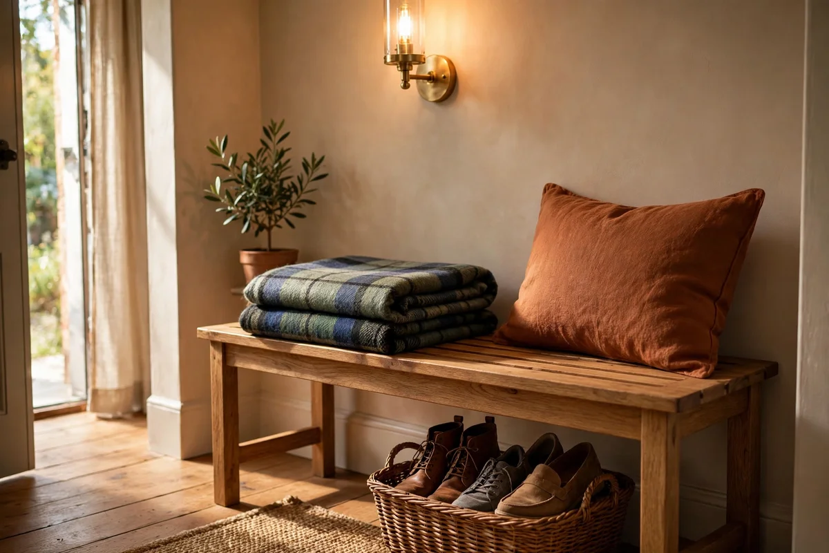 Entryway bench styled with a folded plaid throw and rust cushion
