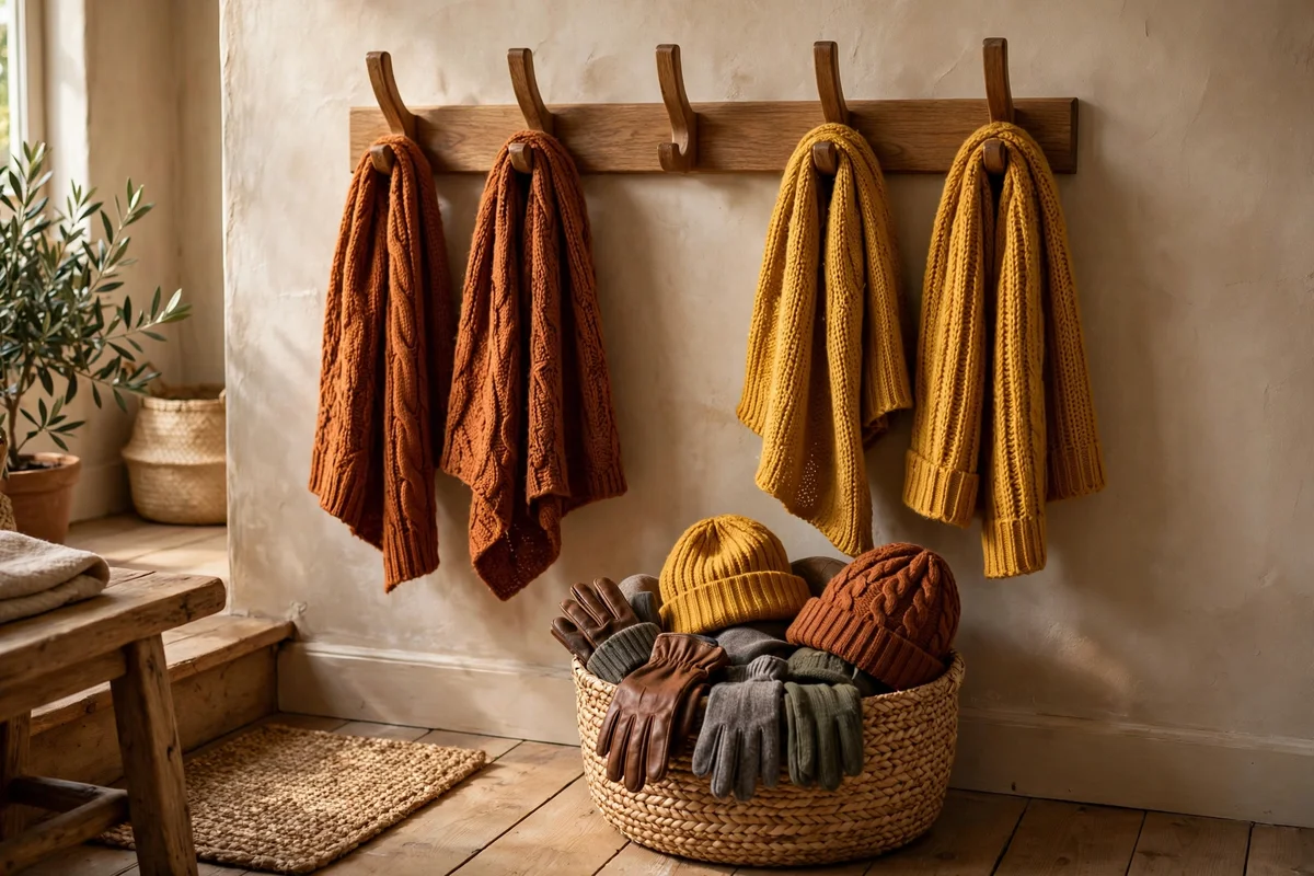 Wooden wall hooks with autumn scarves above a woven basket