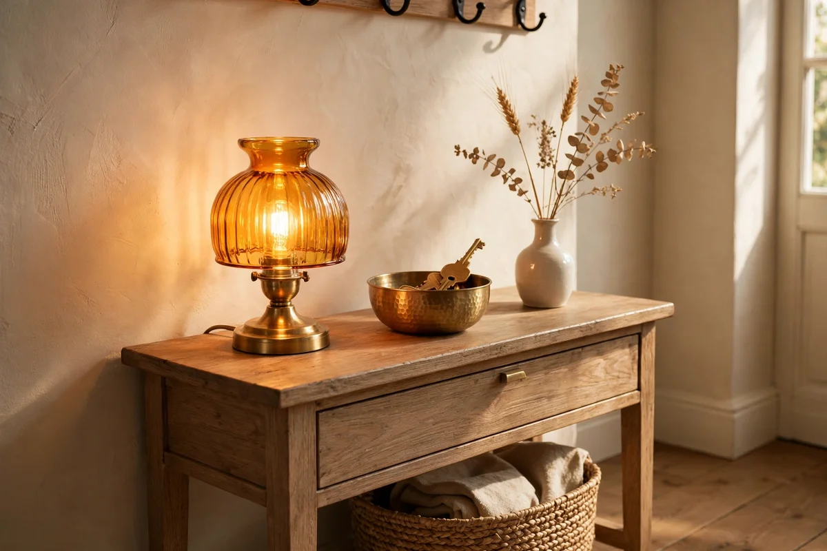 Amber glass table lamp glowing on an entryway console