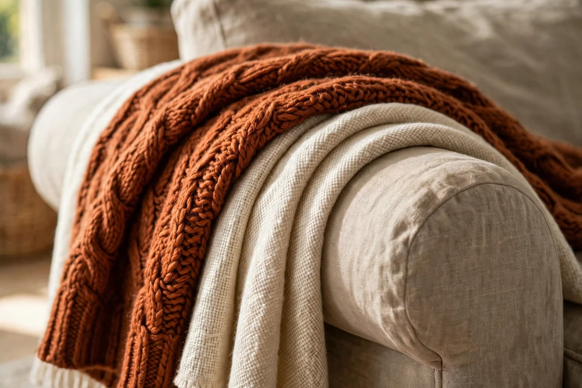 Sofa arm layered with rust and cream wool throws