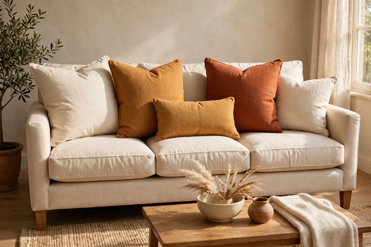 Sofa with rust, ochre and cream cushions in three sizes