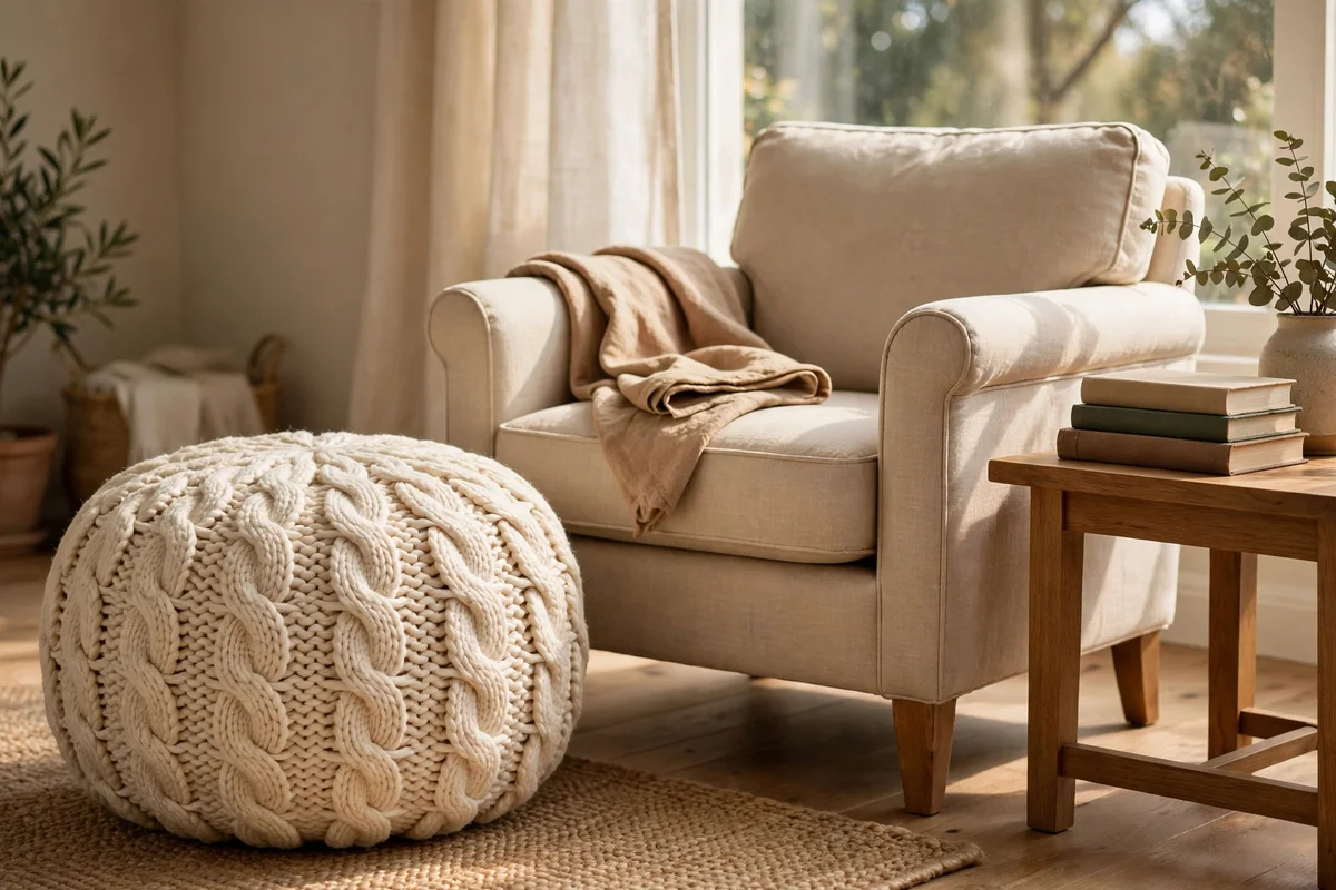 Knitted pouf beside an armchair in a reading corner