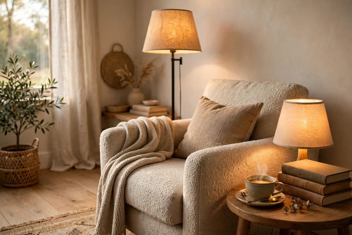 Reading corner lit by warm golden lamps