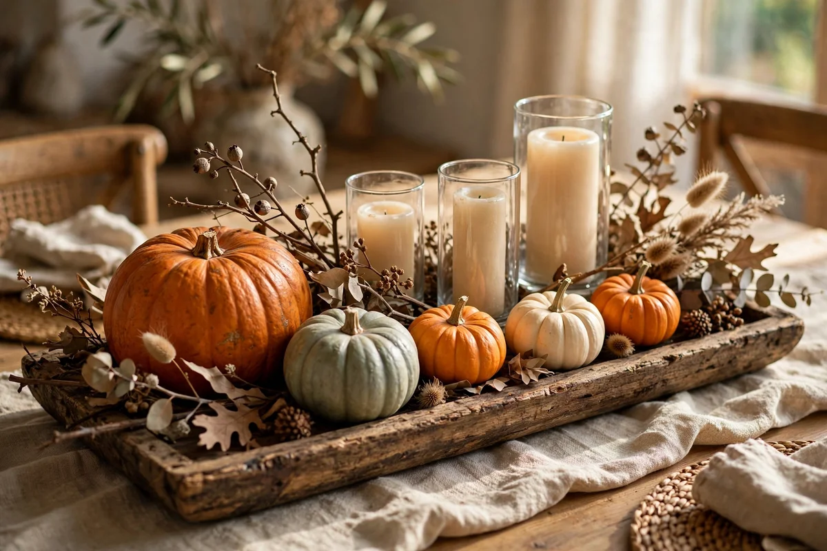 Dining centrepiece with pumpkins, candles and dried branches