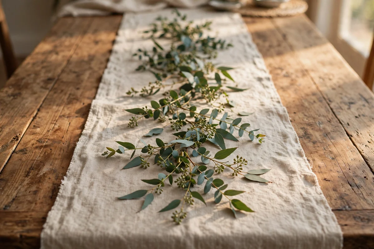Linen table runner with a trail of eucalyptus