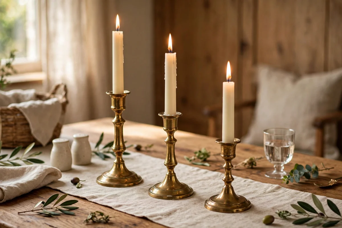 Three brass candlesticks with ivory tapers on a dining table