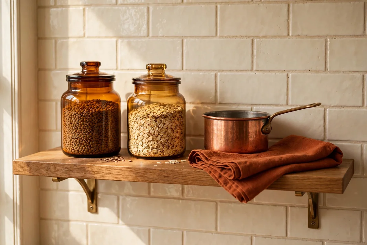 Open kitchen shelf with amber glass jars and copper pot