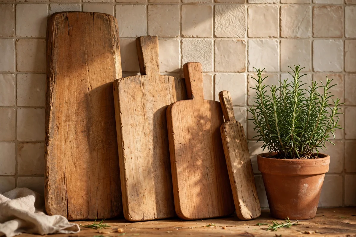Wooden boards leaning by a splashback with a herb pot