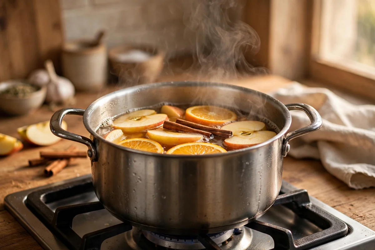 Simmer pot of apple, orange and cinnamon on the stove