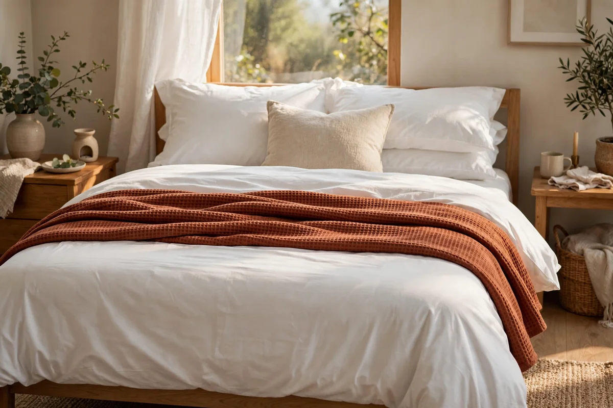 Bed layered with a rust waffle blanket over cotton bedding