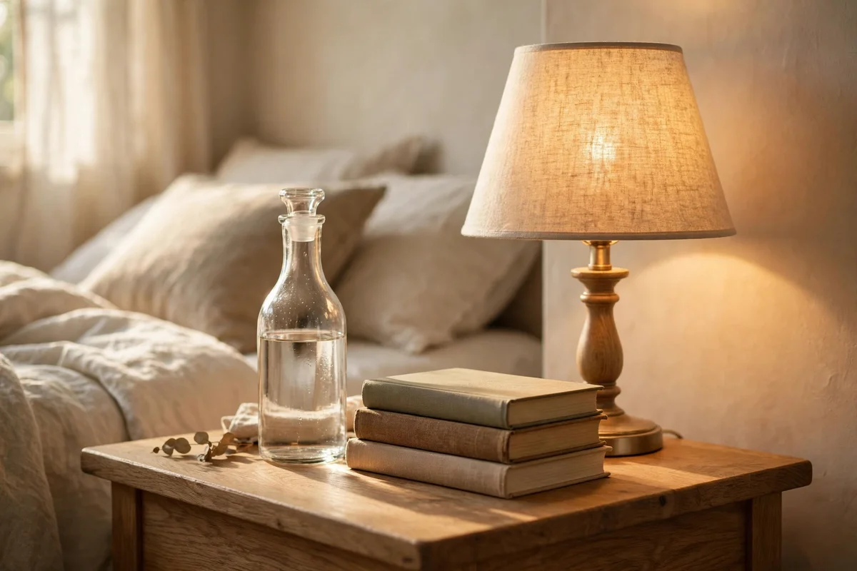 Bedside lamp with linen shade glowing warmly