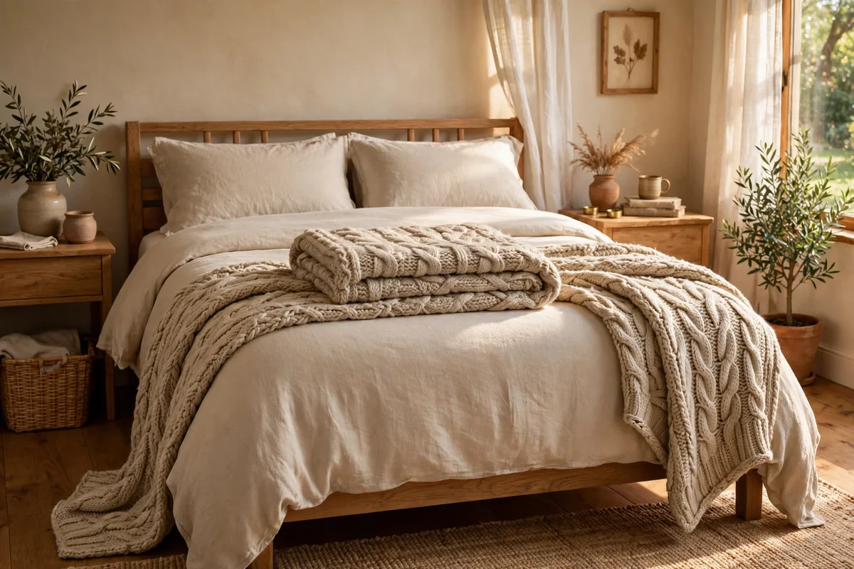 Chunky knit throw folded across the foot of the bed