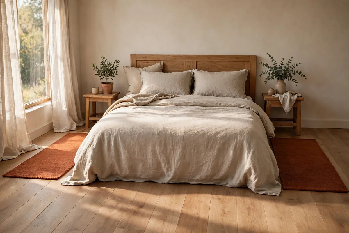 Warm rugs placed beside both sides of a bed