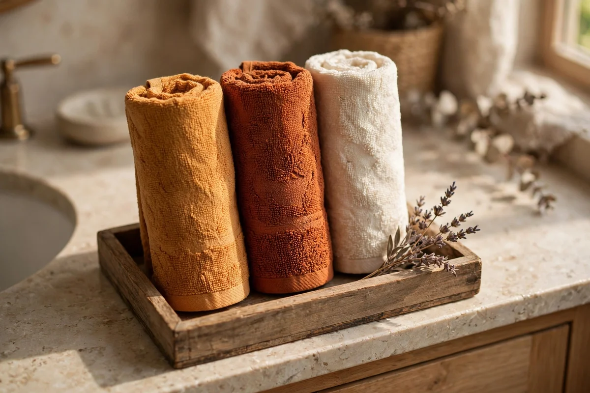 Rolled amber and cream towels in a wooden bathroom tray