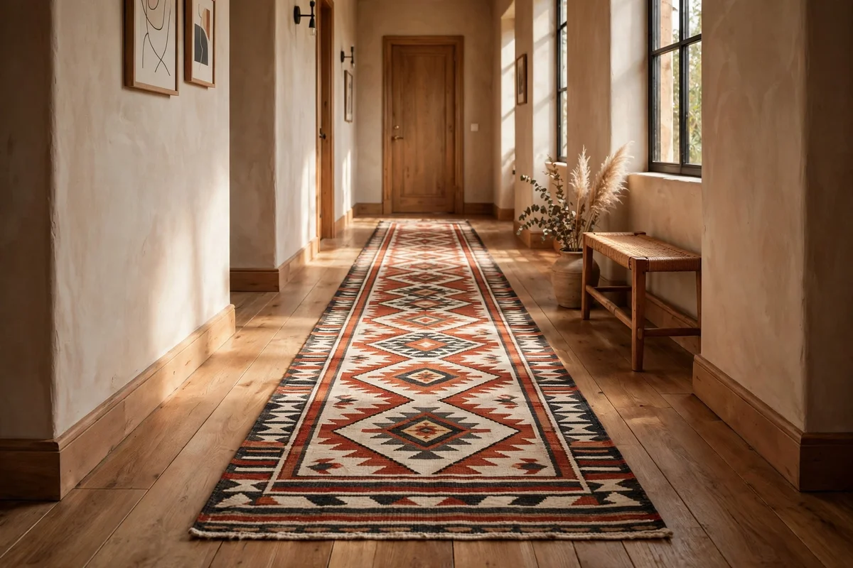 Patterned wool runner laid down a hallway