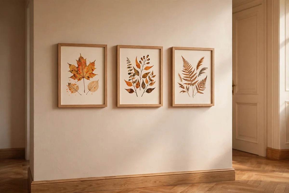 Three framed autumn prints hung along a hallway wall