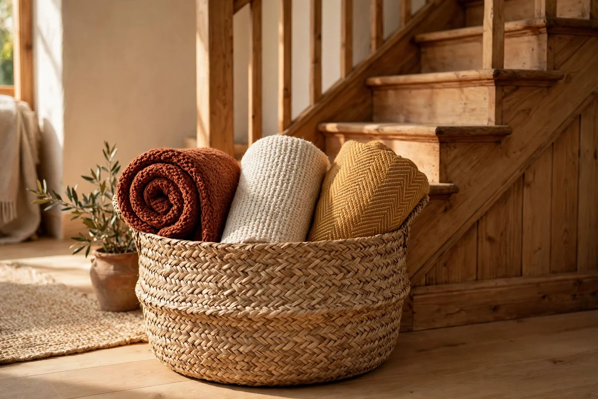 Woven basket of throws at the bottom of the stairs