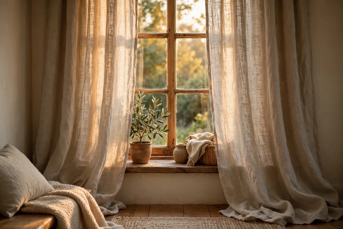 Oatmeal linen curtains filtering golden daylight