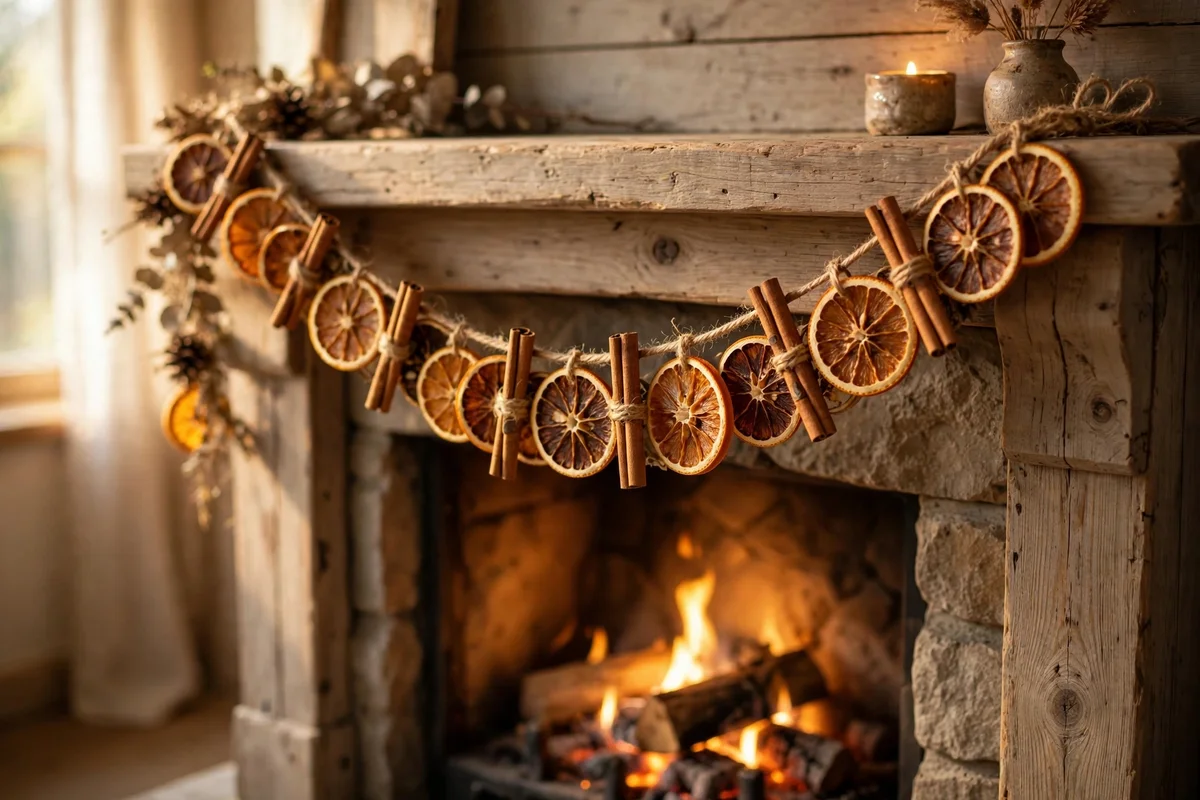 Mantel garland of dried orange slices and cinnamon