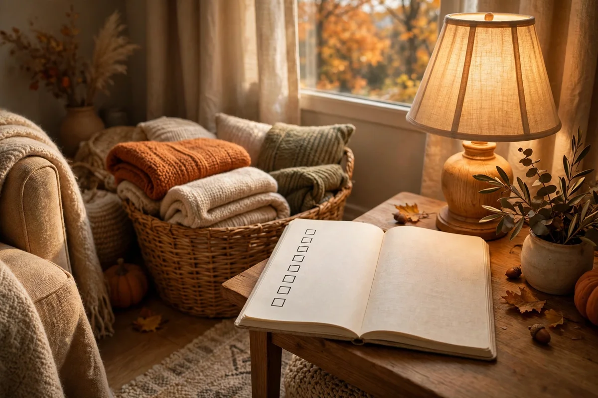Cosy corner with a decorating checklist and warm lamp