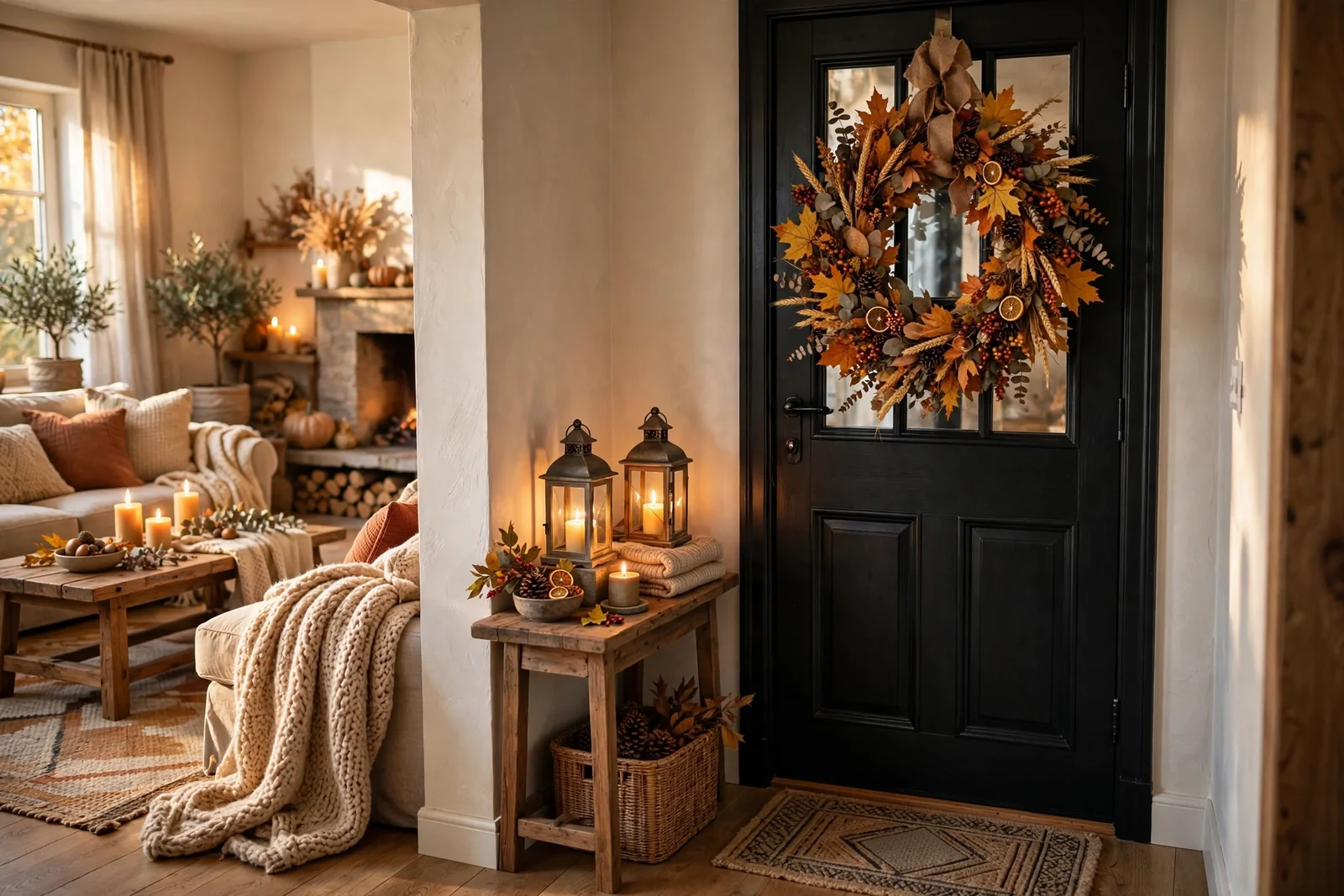 Warm autumn home with harvest wreath, glowing lanterns and cozy layered rooms