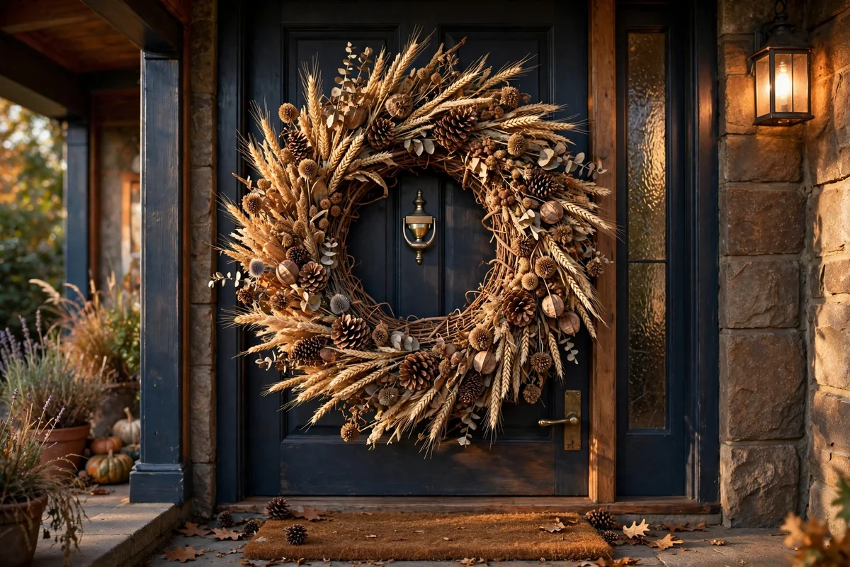 Harvest wreath of dried wheat and pinecones hanging on a front door at eye level