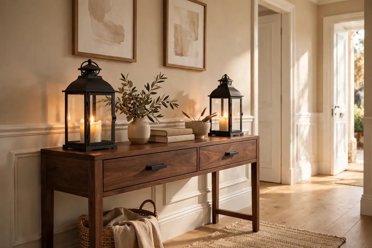 Pair of matching lanterns with warm candles flanking an entryway console table