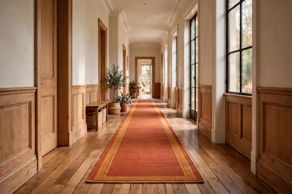 Flatweave hallway runner in rust and ochre tones on a wooden floor