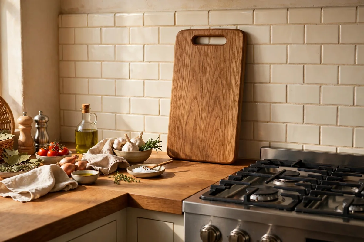 Oak serving board leaning against a kitchen splashback beside the stove