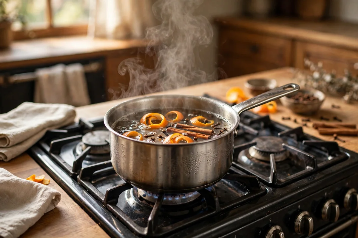 Saucepan simmering orange peel, cinnamon sticks and cloves on a stove