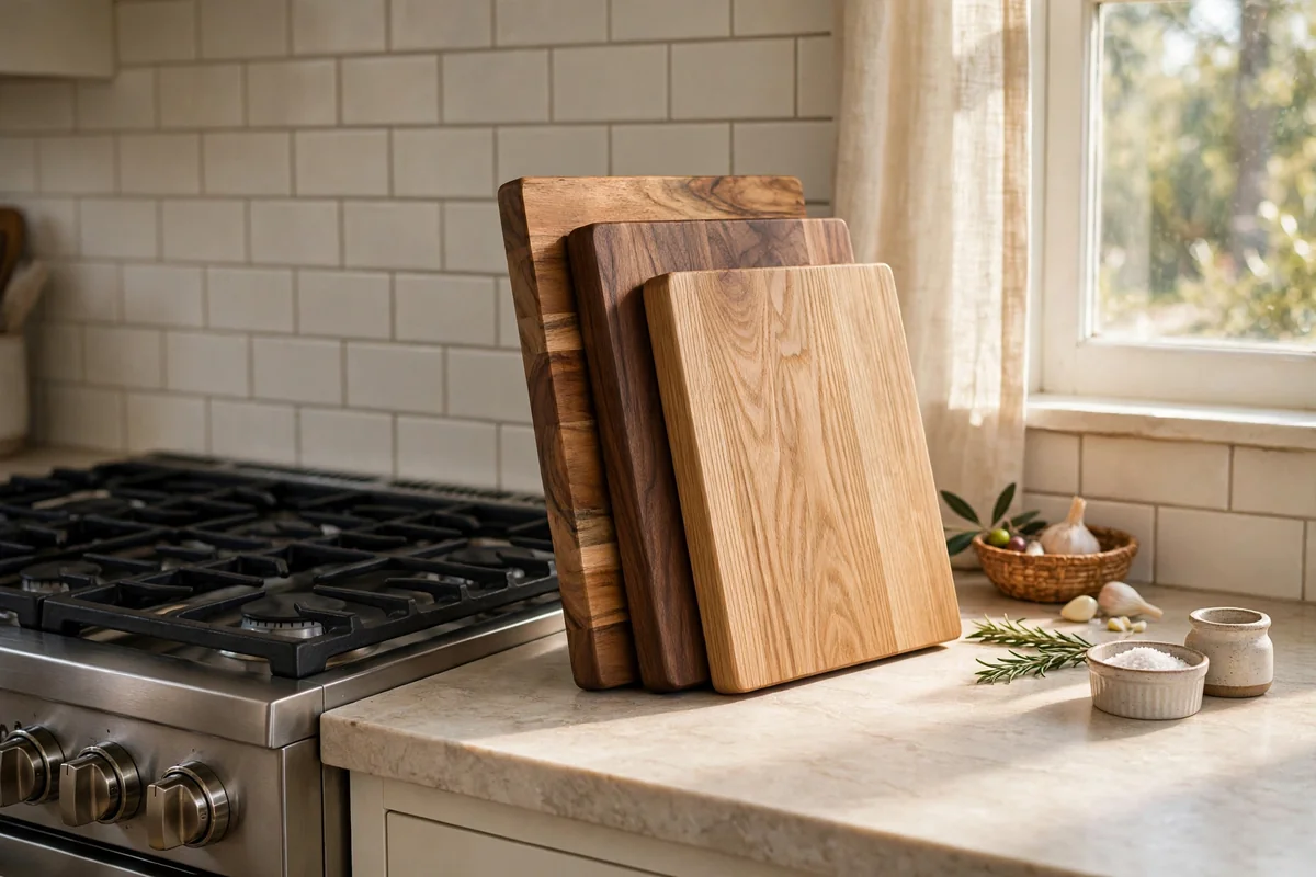 Stack of mixed-wood cutting boards in oak, walnut and acacia by the stove