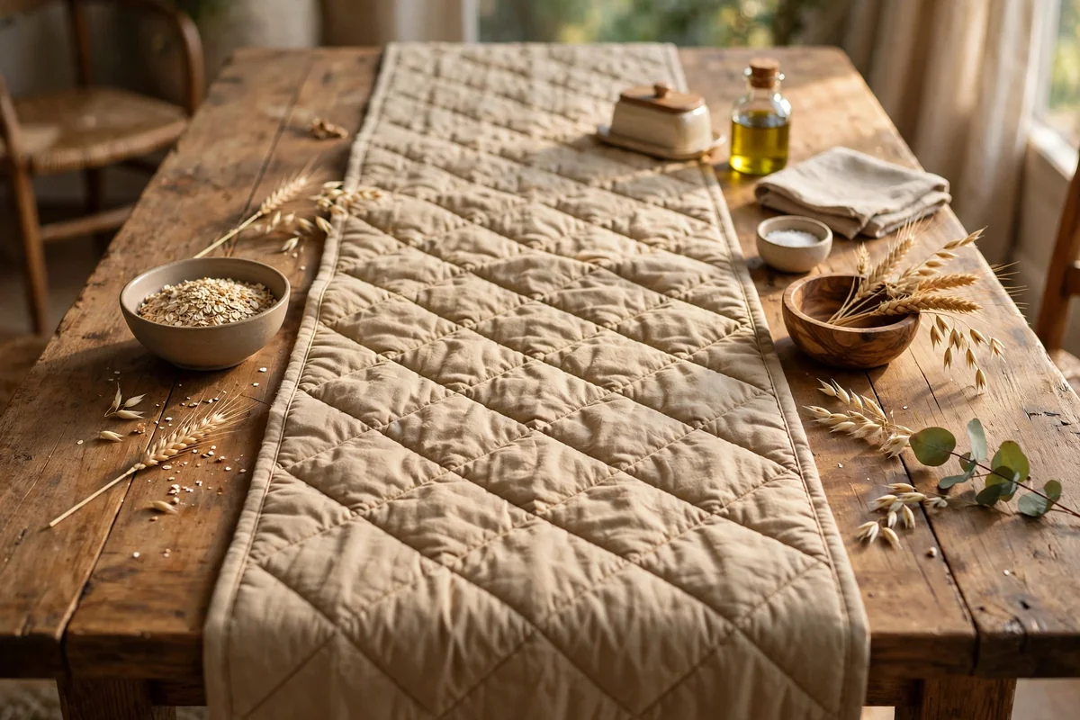 Quilted table runner in wheat tones layered down the centre of a dining table