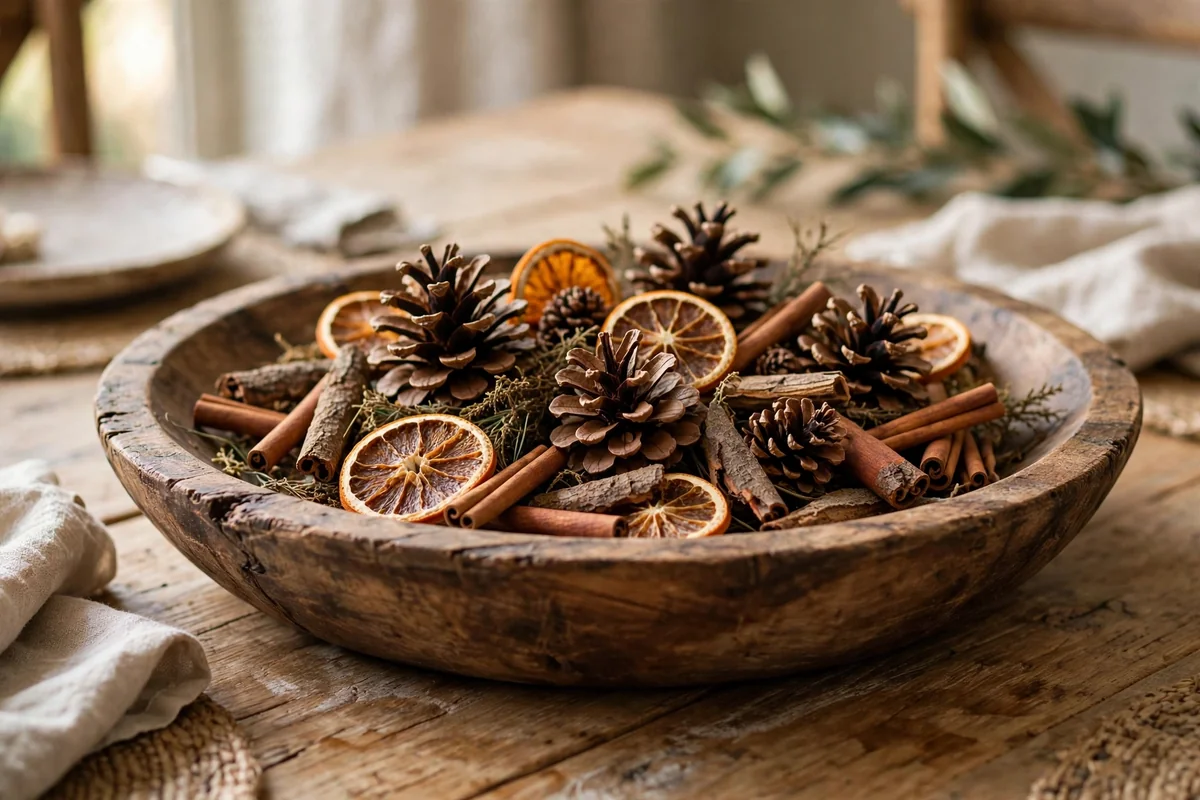 Low wooden bowl filled with pinecones and dried orange slices on a dining table
