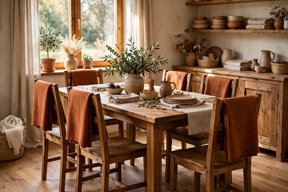 Wool throws in rust tones folded over the backs of wooden dining chairs
