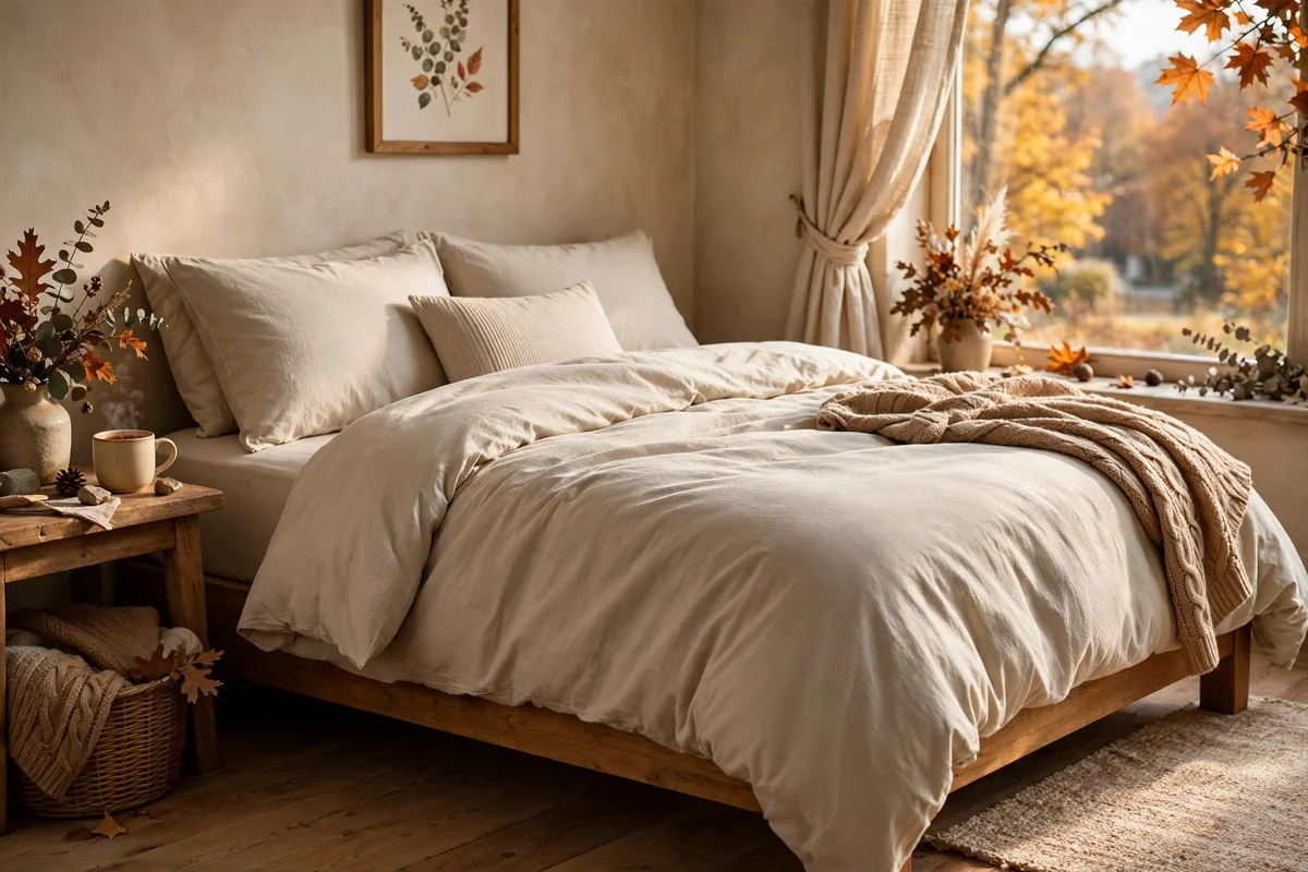 Bed dressed in warm oatmeal brushed cotton sheets with layered autumn bedding