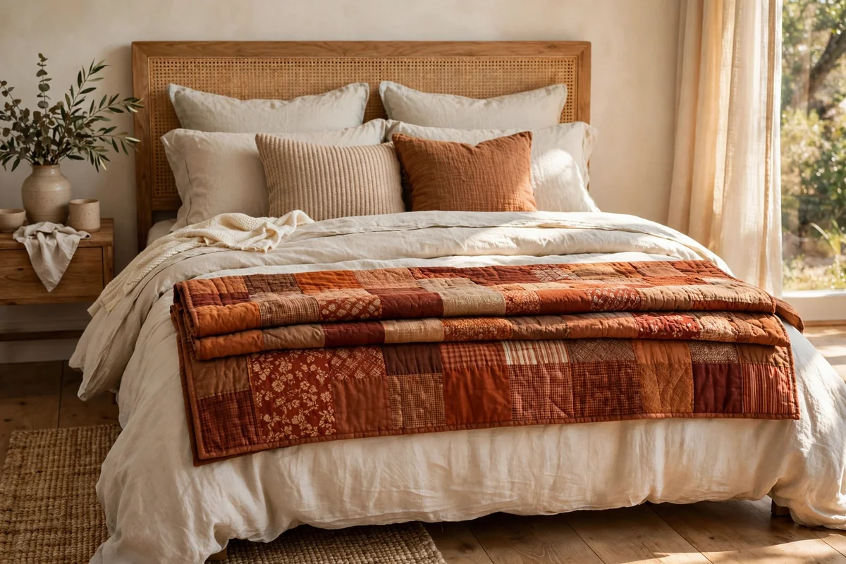 Second quilt in autumn tones folded across the foot of a styled bed
