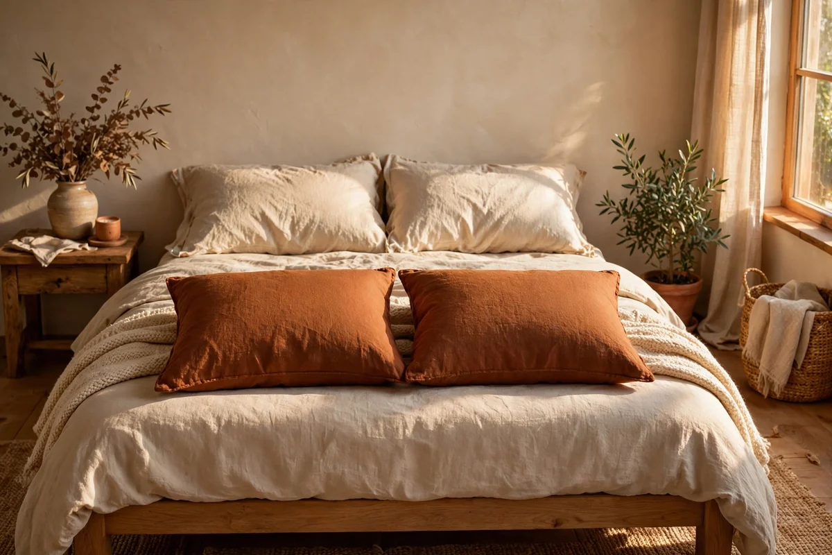 Two burnt sienna cushions arranged in front of pillows on a cozy bed