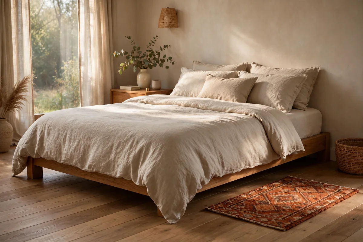 Small warm wool rug beside a bed on a wooden bedroom floor