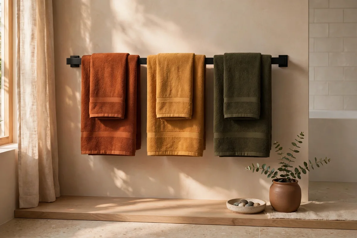 Set of autumn-toned cotton hand towels in rust, ochre and olive on a rail