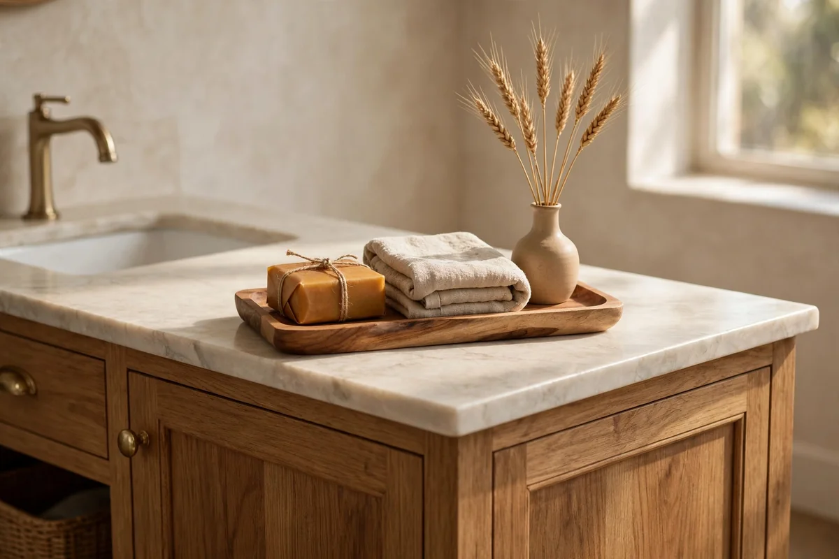 Wooden vanity tray with amber soap, folded towel and dried wheat stems