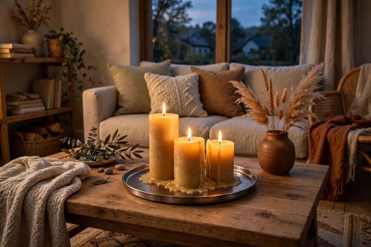 Beeswax pillar candles glowing on a tray in a cozy living room at dusk